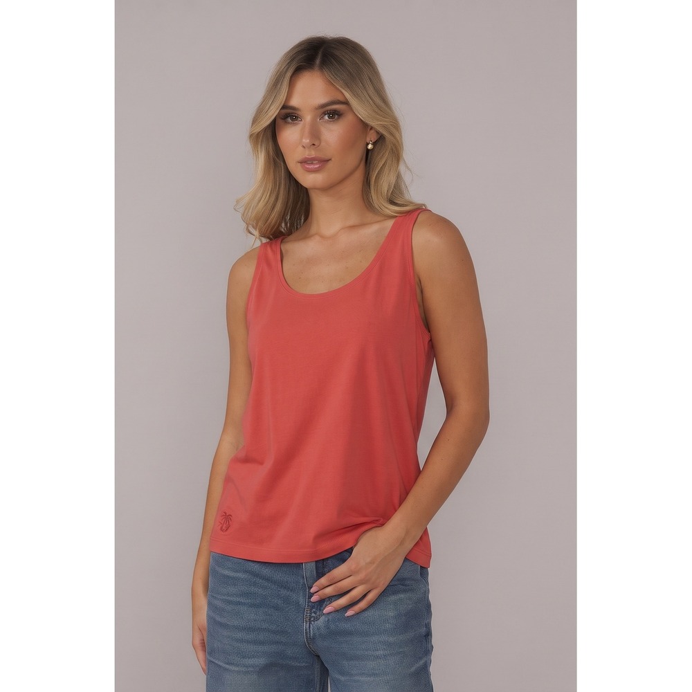 Tommy Bahama Women L Coral Red Scoop Neck Cotton Stretch Tank Top Palm Tree Logo
